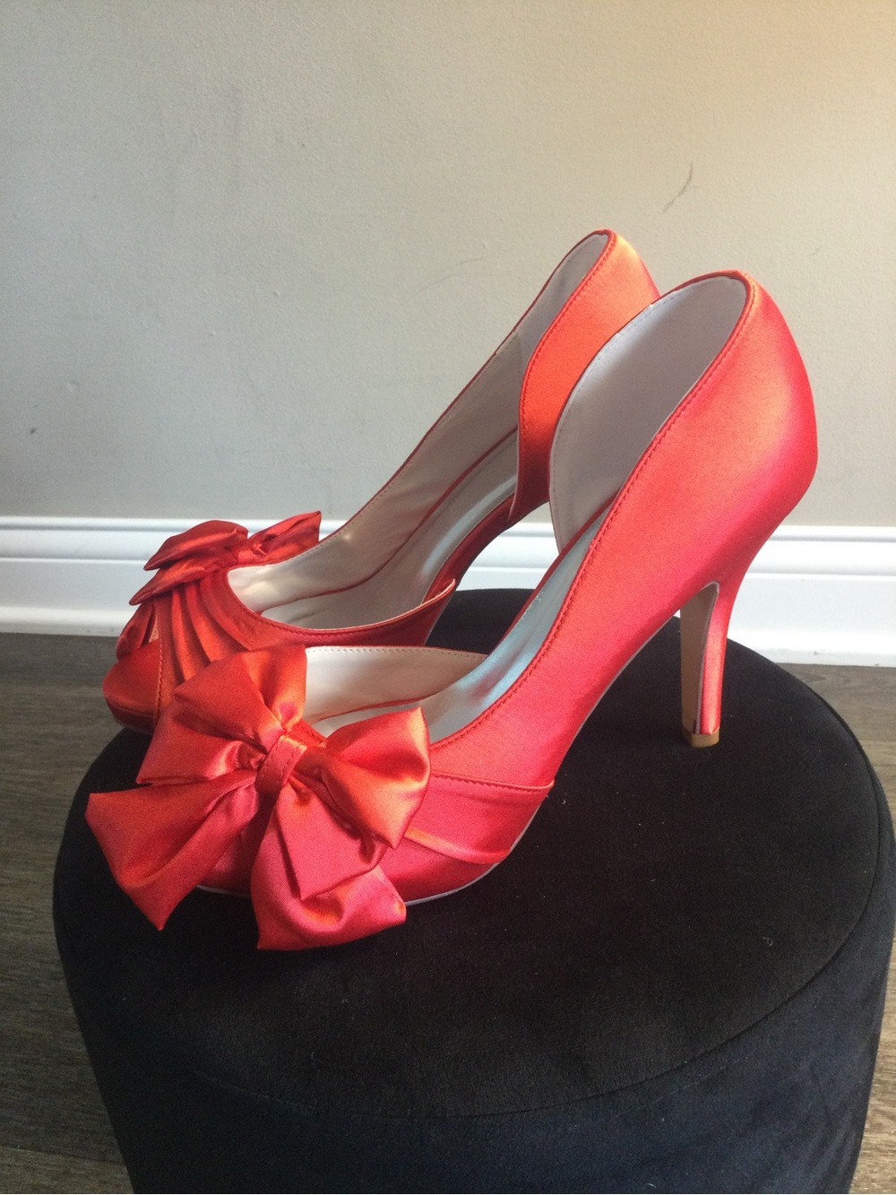 Satin Bow Peep-Toe Heels in Red